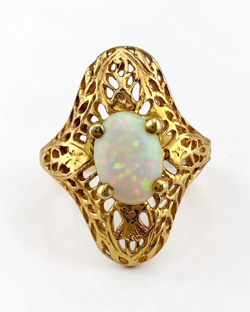 Vintage 14K Gold Natural Opal Navette Filigree Ring - 14K Solid Gold - Free shipping - 1