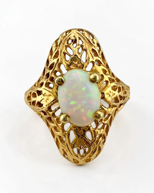 Vintage 14K Gold Natural Opal Navette Filigree Ring - 14K Solid Gold - Free shipping - 1