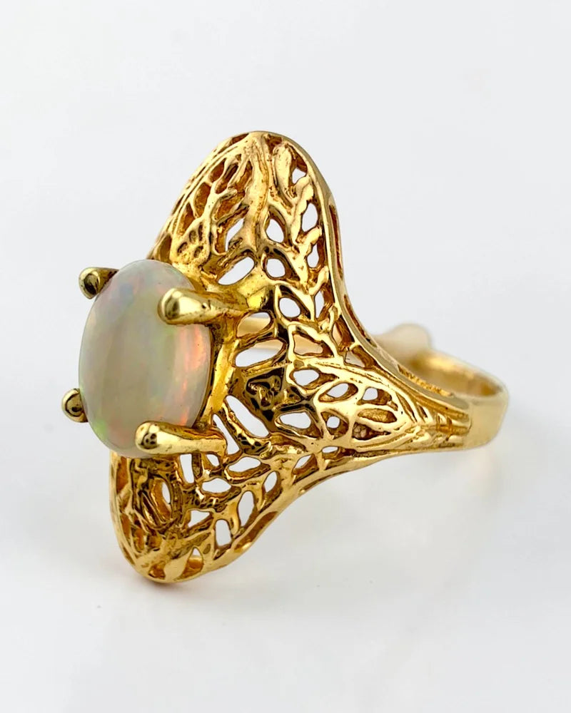Vintage 14K Gold Natural Opal Navette Filigree Ring - 14K Solid Gold - Free shipping - 2