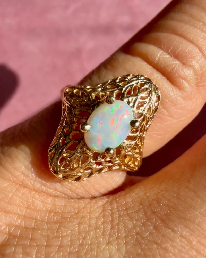 Vintage 14K Gold Natural Opal Navette Filigree Ring - 14K Solid Gold - Free shipping - 5