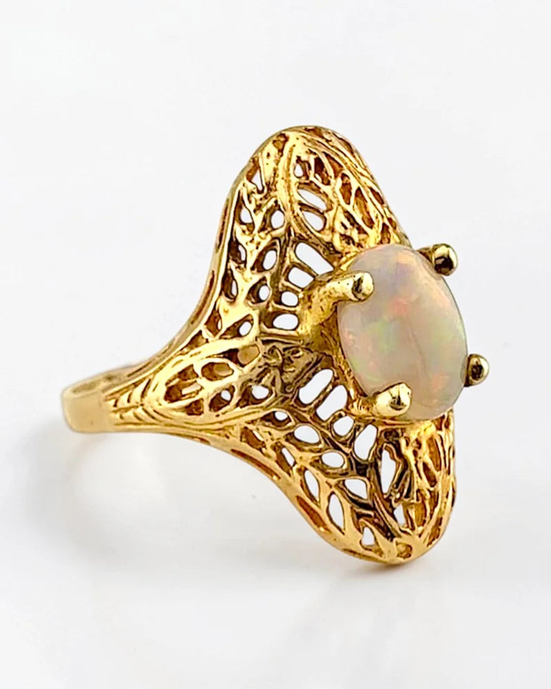 Vintage 14K Gold Natural Opal Navette Filigree Ring - 14K Solid Gold - Free shipping - 3