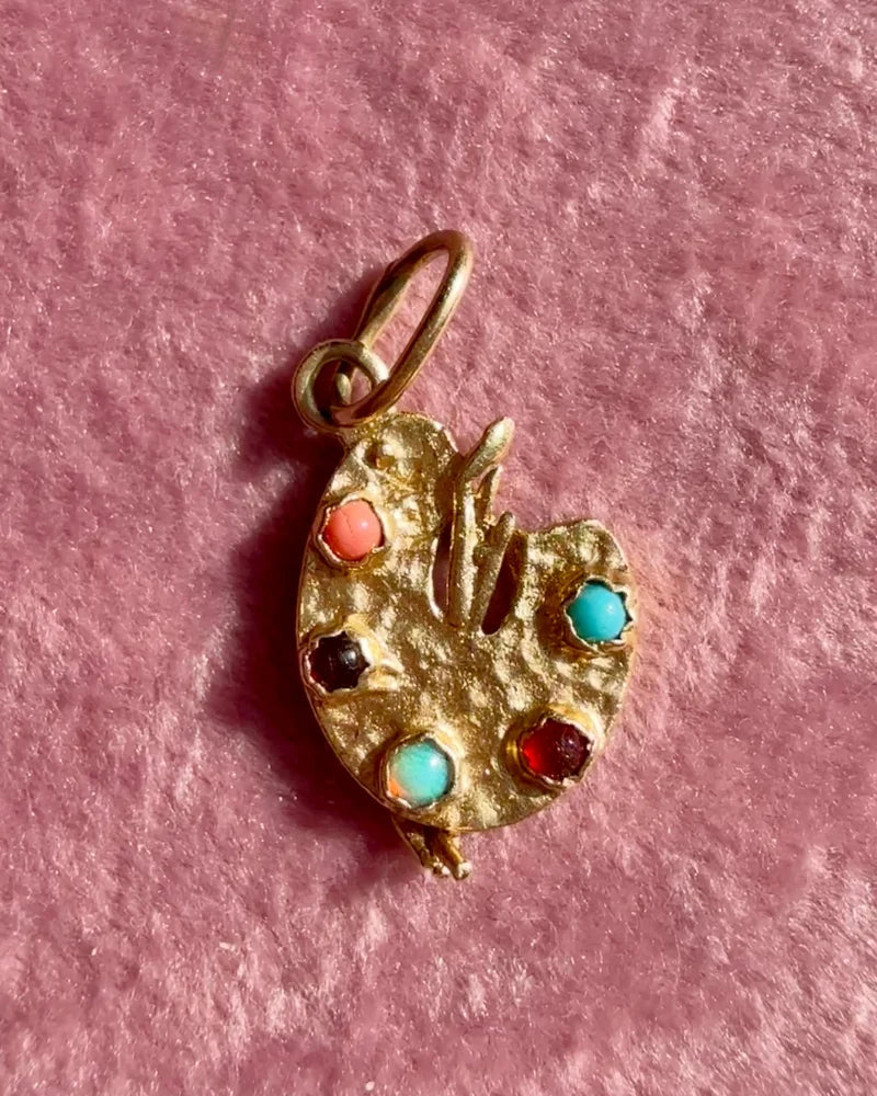 Vintage 14K Gold Painter’s Palette Charm Pendant with Coral Turquoise Opal Garnet and Ruby - 14K Solid Gold - Free