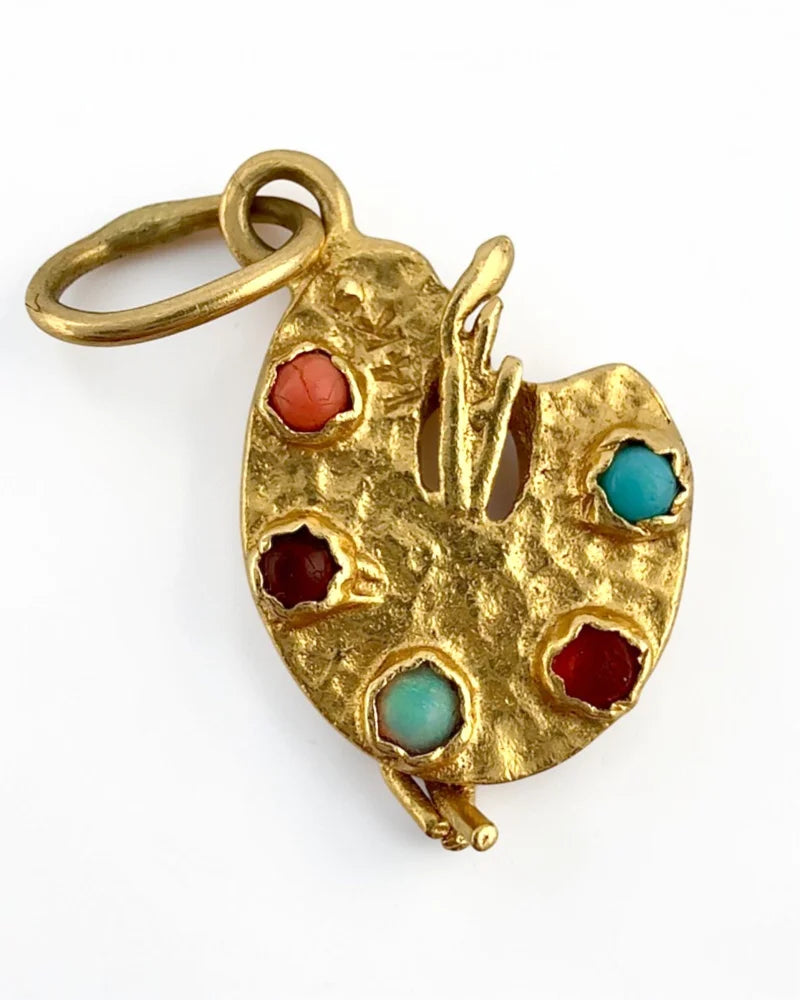 Vintage 14K Gold Painter’s Palette Charm Pendant with Coral Turquoise Opal Garnet and Ruby - 14K Solid Gold - Free