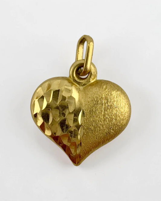 14K Gold Puffy Heart Charm Pendant Diamond Cut and Brushed Gold - 14K Solid Gold - Free shipping - 1