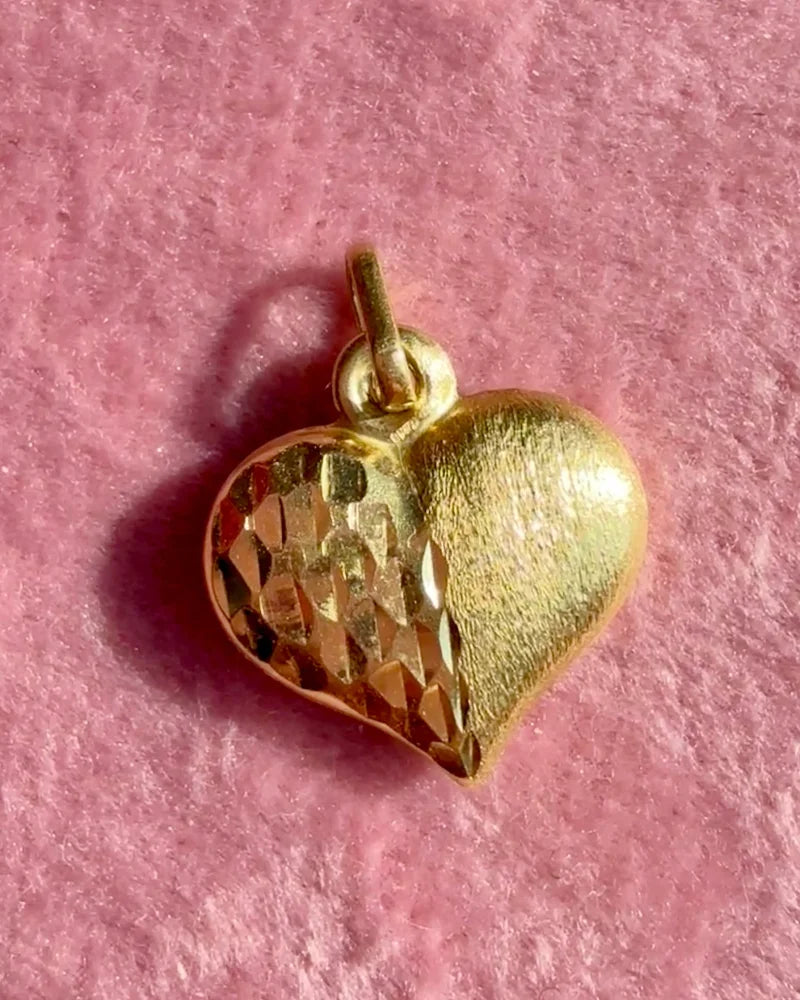 14K Gold Puffy Heart Charm Pendant Diamond Cut and Brushed Gold - 14K Solid Gold - Free shipping - 2