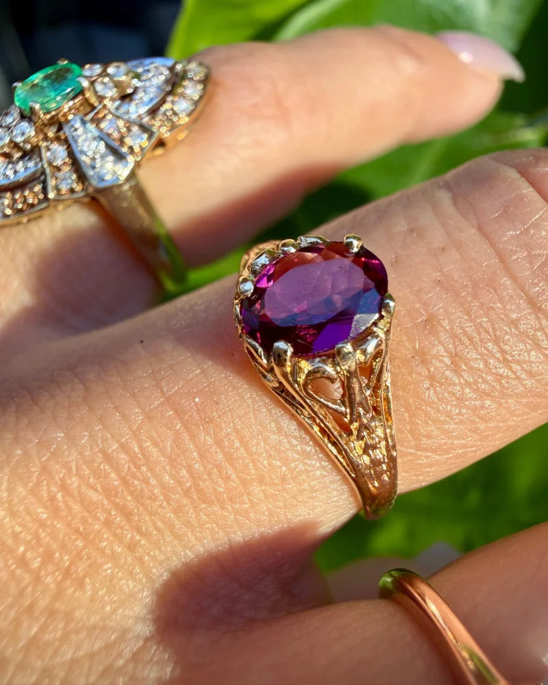 Vintage 14K Gold Rhodolite Garnet Filigree Ring - 14K Solid Gold - Free shipping - 5