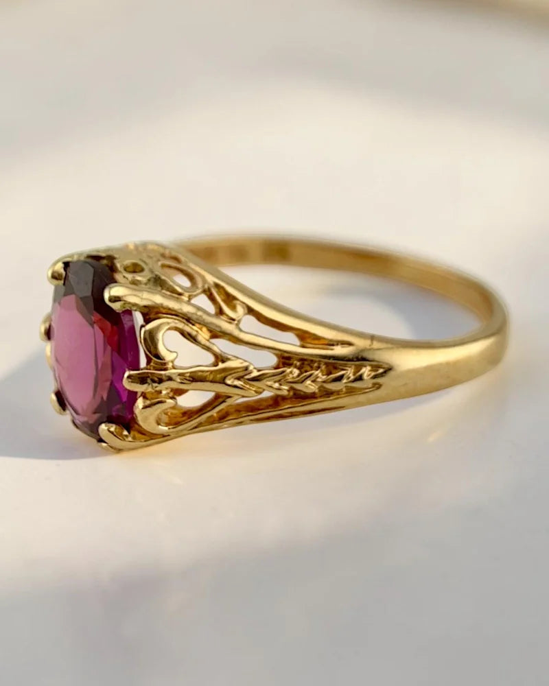 Vintage 14K Gold Rhodolite Garnet Filigree Ring - 14K Solid Gold - Free shipping - 4