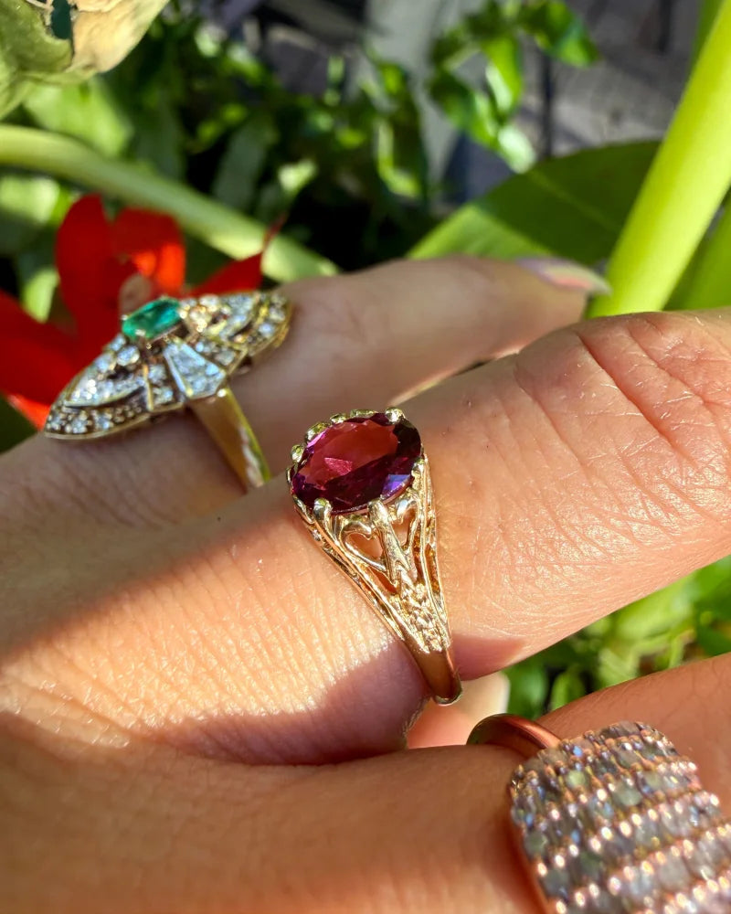 Vintage 14K Gold Rhodolite Garnet Filigree Ring - 14K Solid Gold - Free shipping - 7