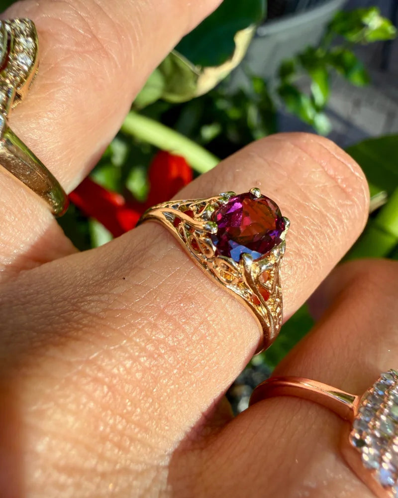 Vintage 14K Gold Rhodolite Garnet Filigree Ring - 14K Solid Gold - Free shipping - 6