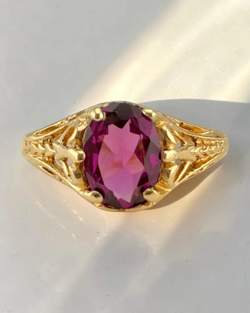 Vintage 14K Gold Rhodolite Garnet Filigree Ring - 14K Solid Gold - Free shipping - 1