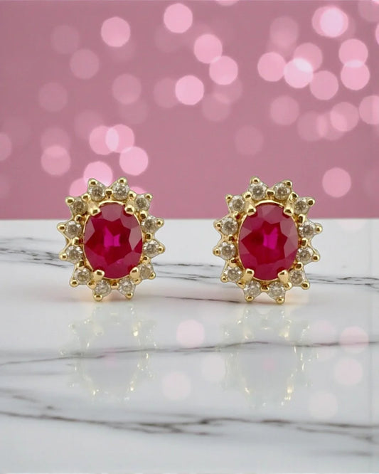 Vintage 14K Gold Ruby Stud Earrings with Natural Diamonds Halo - 14K Solid Gold - Free shipping - 1