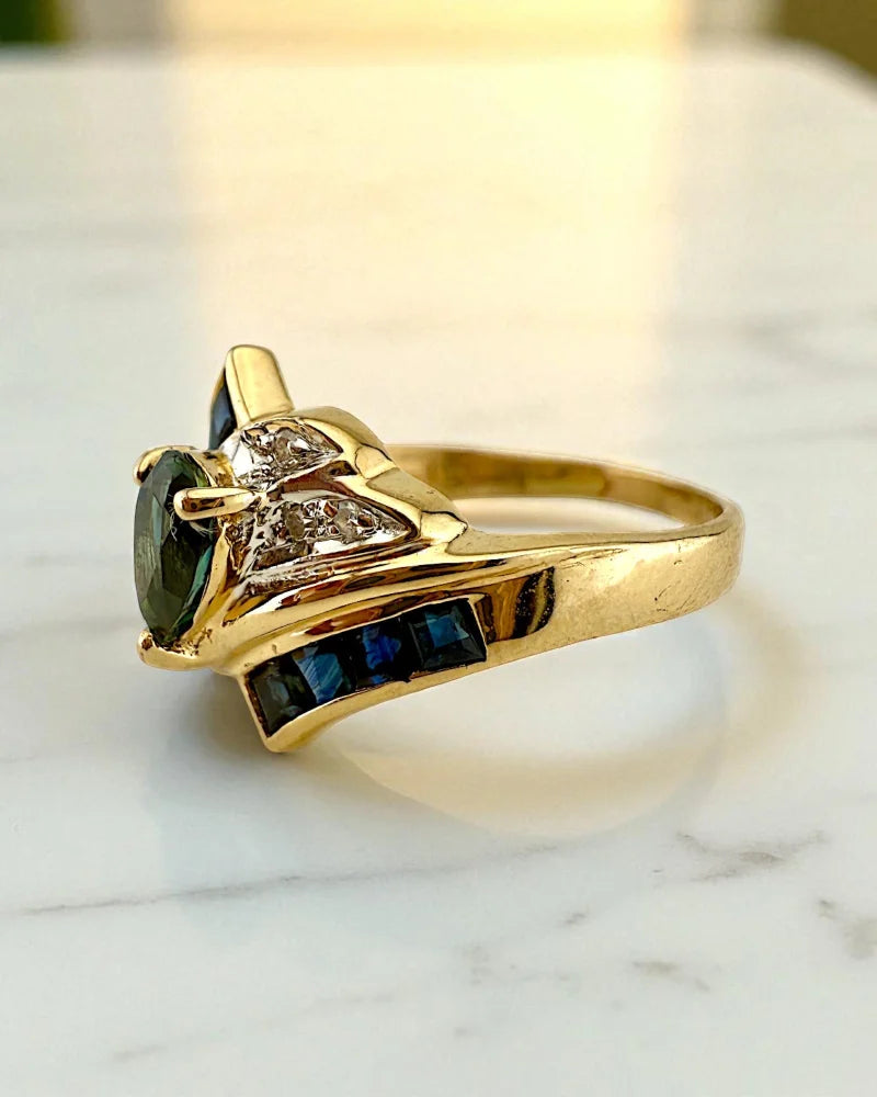 Vintage 14k Gold Sapphire Wing Ring - 14K Solid Gold - Free shipping - 5
