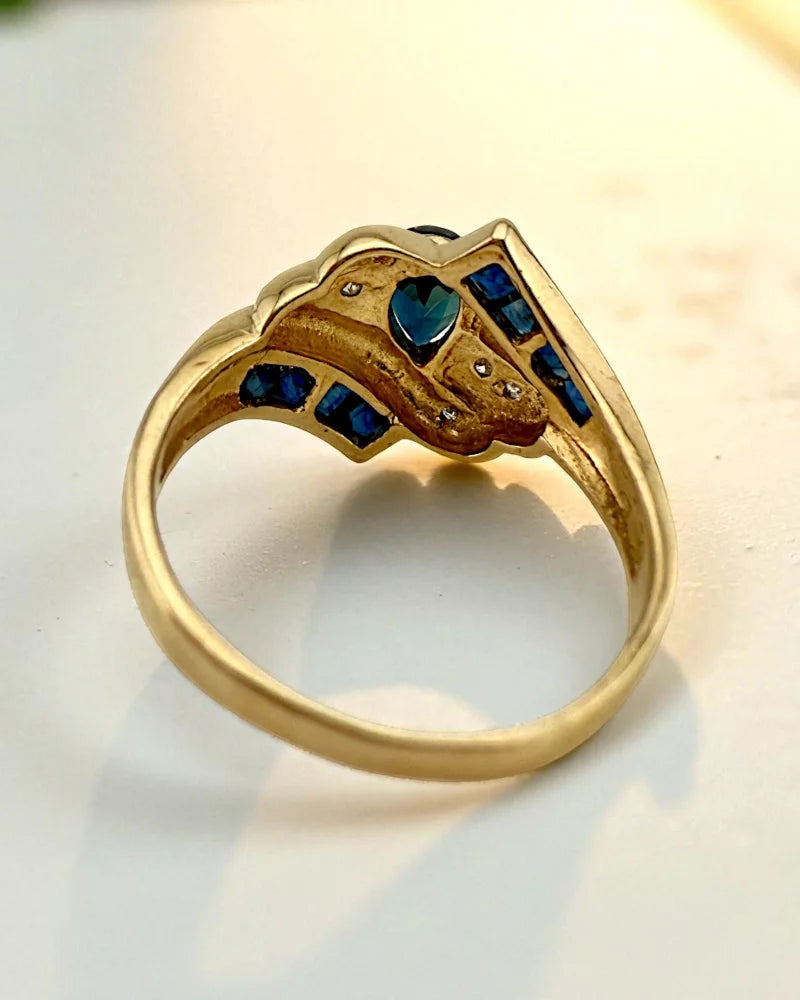 Vintage 14k Gold Sapphire Wing Ring - 14K Solid Gold - Free shipping - 6