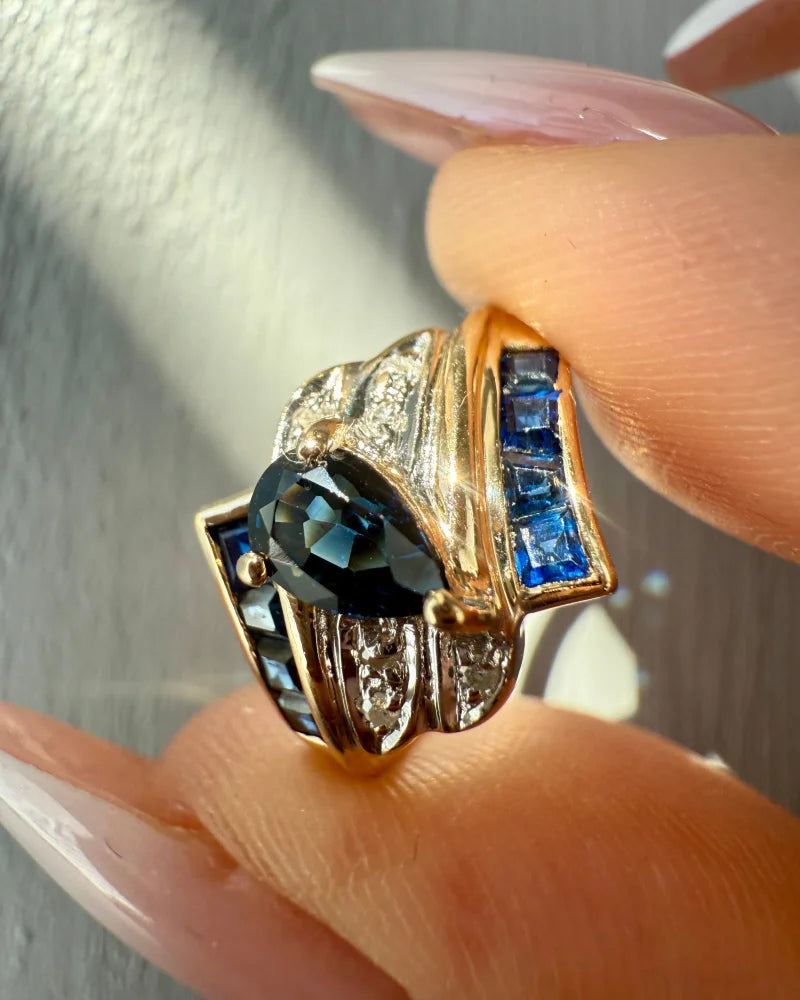 Vintage 14k Gold Sapphire Wing Ring - 14K Solid Gold - Free shipping - 2