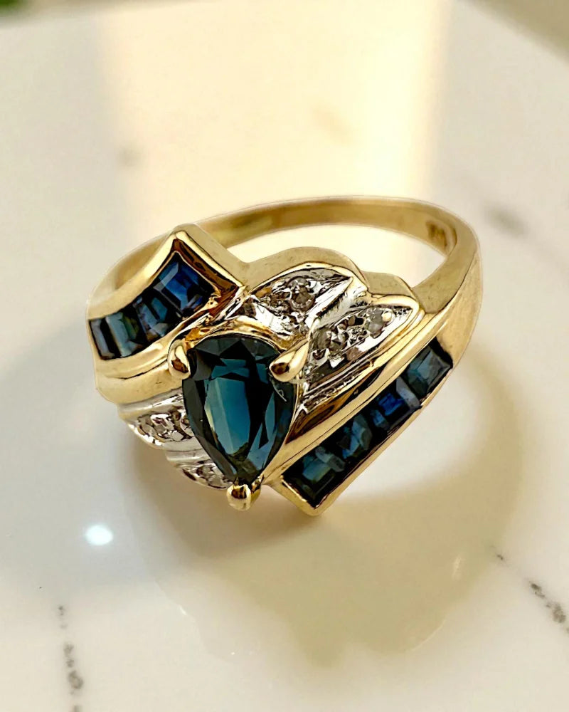 Vintage 14k Gold Sapphire Wing Ring - 14K Solid Gold - Free shipping - 4