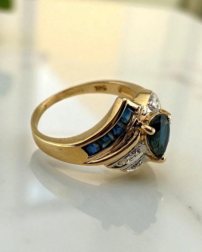 Vintage 14k Gold Sapphire Wing Ring - 14K Solid Gold - Free shipping - 3