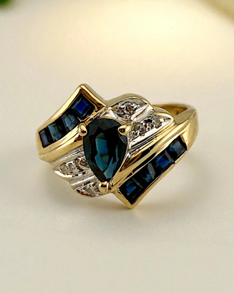 Vintage 14k Gold Sapphire Wing Ring - 14K Solid Gold - Free shipping - 1