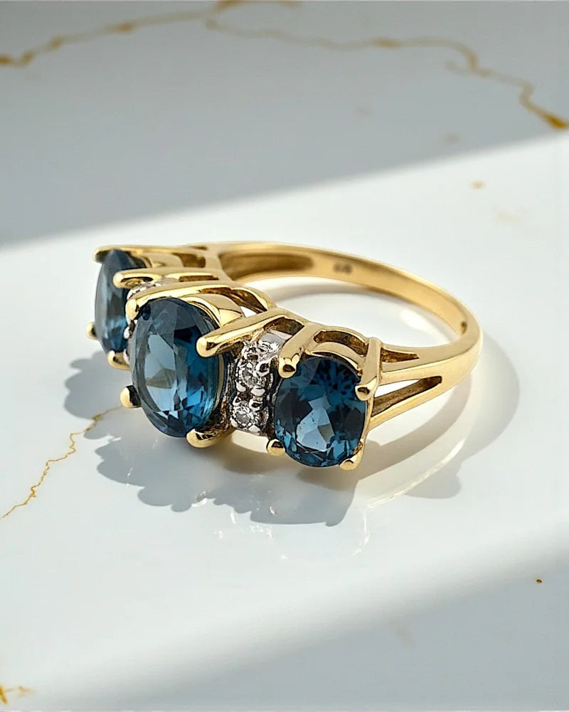 Vintage 14K Gold Swiss Blue Topaz & Diamond Three-Stone Ring - 14K Solid Gold - Free shipping - 3