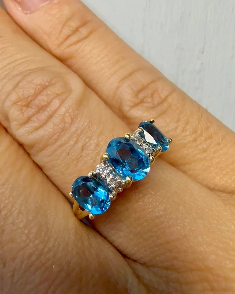 Vintage 14K Gold Swiss Blue Topaz & Diamond Three-Stone Ring - 14K Solid Gold - Free shipping - 2