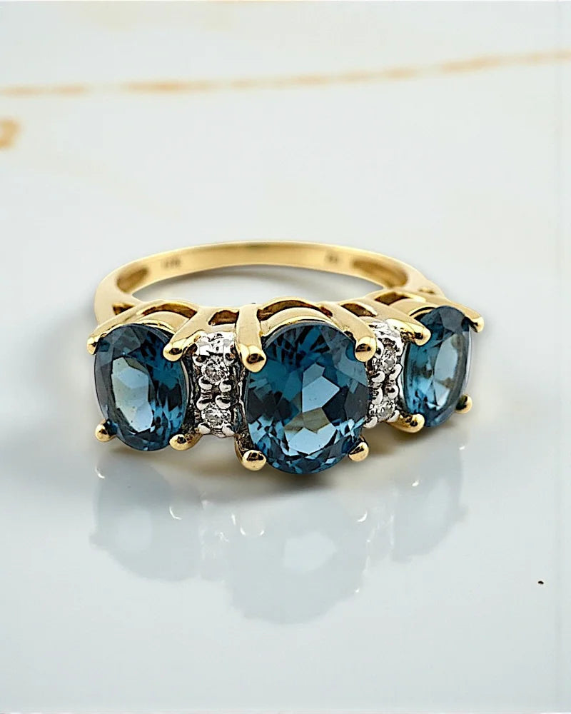 Vintage 14K Gold Swiss Blue Topaz & Diamond Three-Stone Ring - 14K Solid Gold - Free shipping - 5