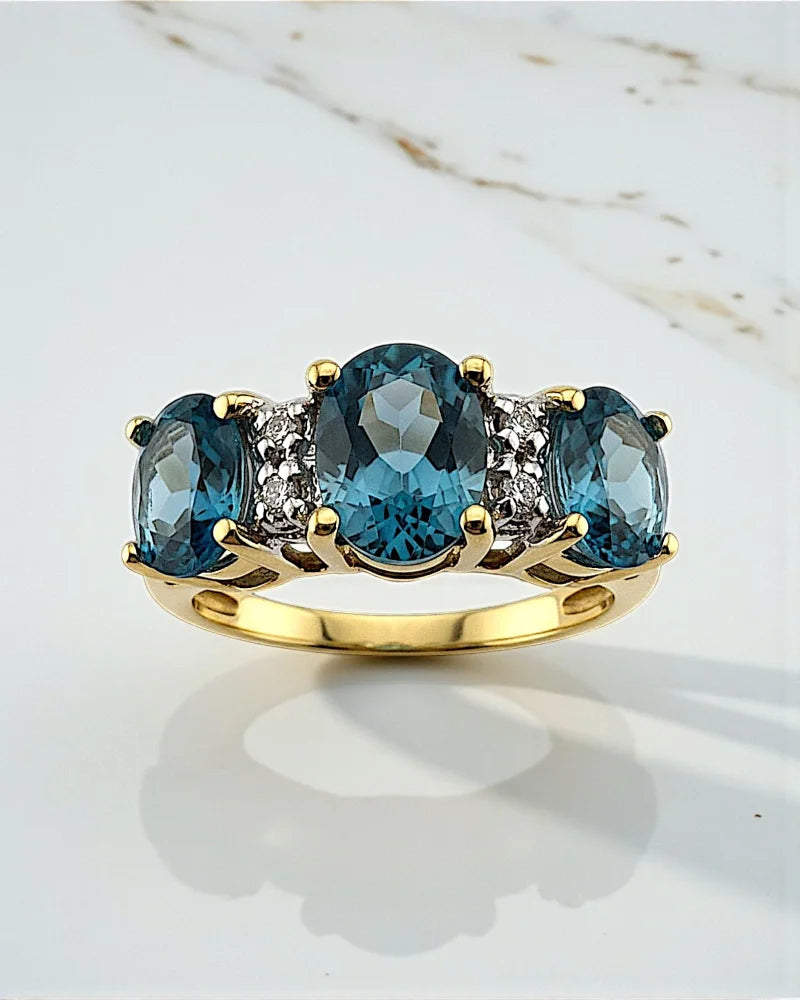 Vintage 14K Gold Swiss Blue Topaz & Diamond Three-Stone Ring - 14K Solid Gold - Free shipping - 1