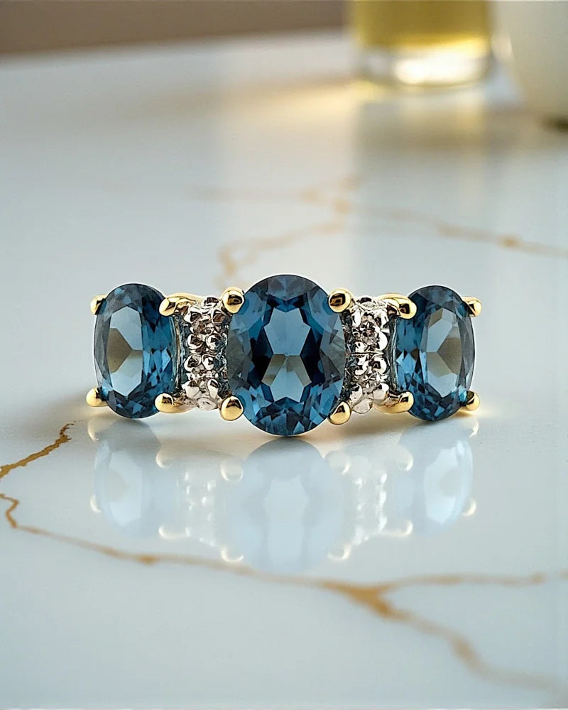 Vintage 14K Gold Swiss Blue Topaz & Diamond Three-Stone Ring - 14K Solid Gold - Free shipping - 6