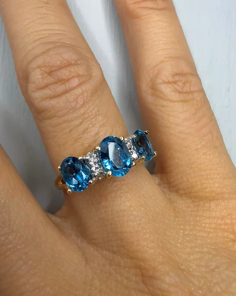 Vintage 14K Gold Swiss Blue Topaz & Diamond Three-Stone Ring - 14K Solid Gold - Free shipping - 4