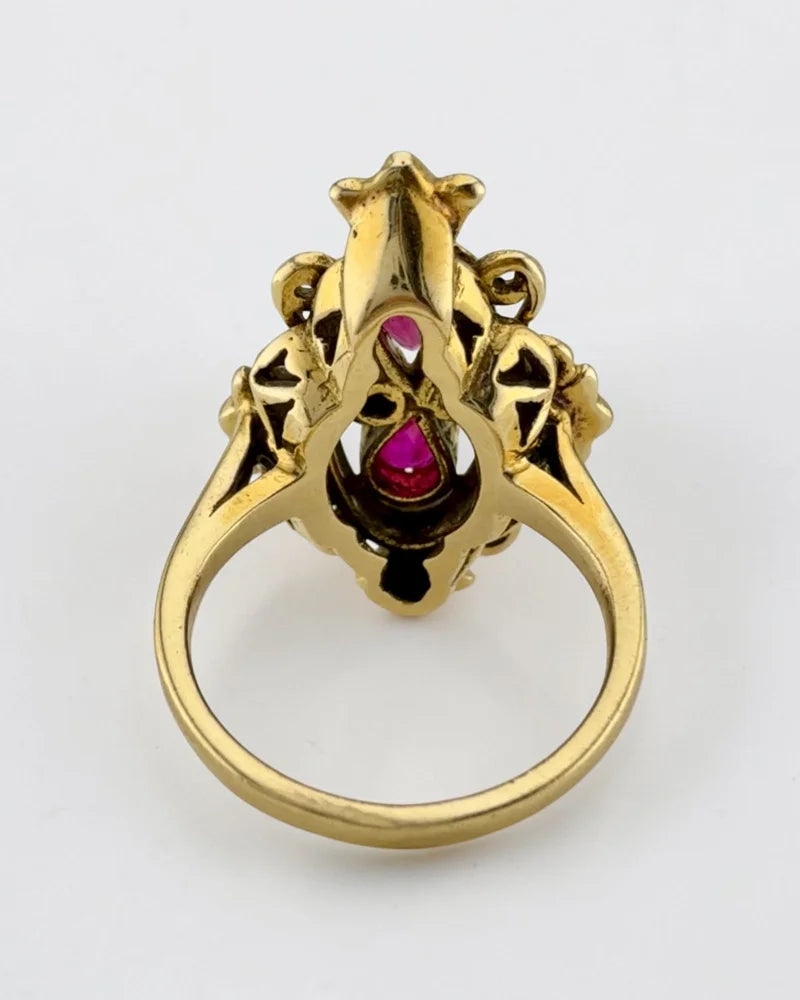 Vintage 14K Victorian Ruby Pearl and Diamond Ring - 14K Solid Gold - Free shipping - 10