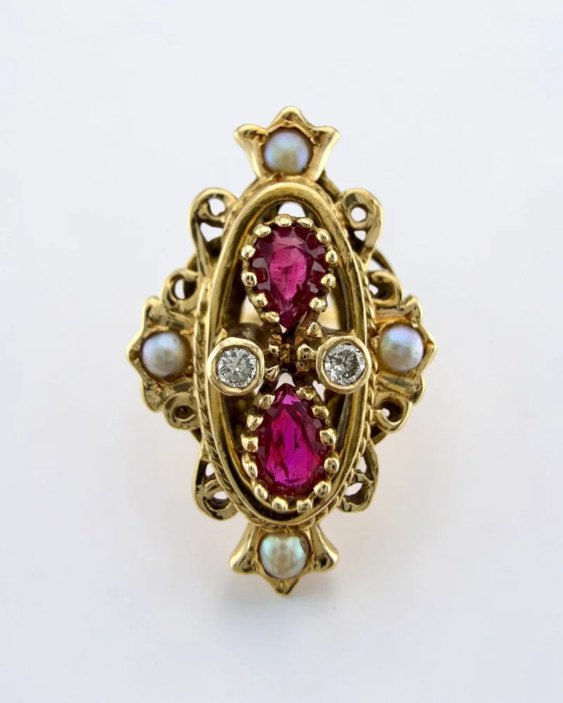 Vintage 14K Victorian Ruby Pearl and Diamond Ring - 14K Solid Gold - Free shipping - 1