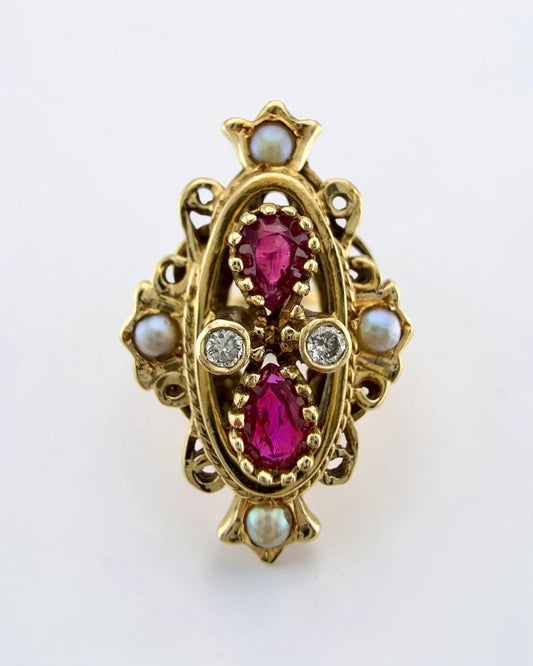 Vintage 14K Victorian Ruby Pearl and Diamond Ring - 14K Solid Gold - Free shipping - 1
