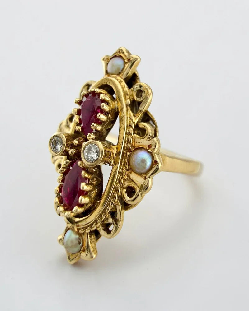 Vintage 14K Victorian Ruby Pearl and Diamond Ring - 14K Solid Gold - Free shipping - 5