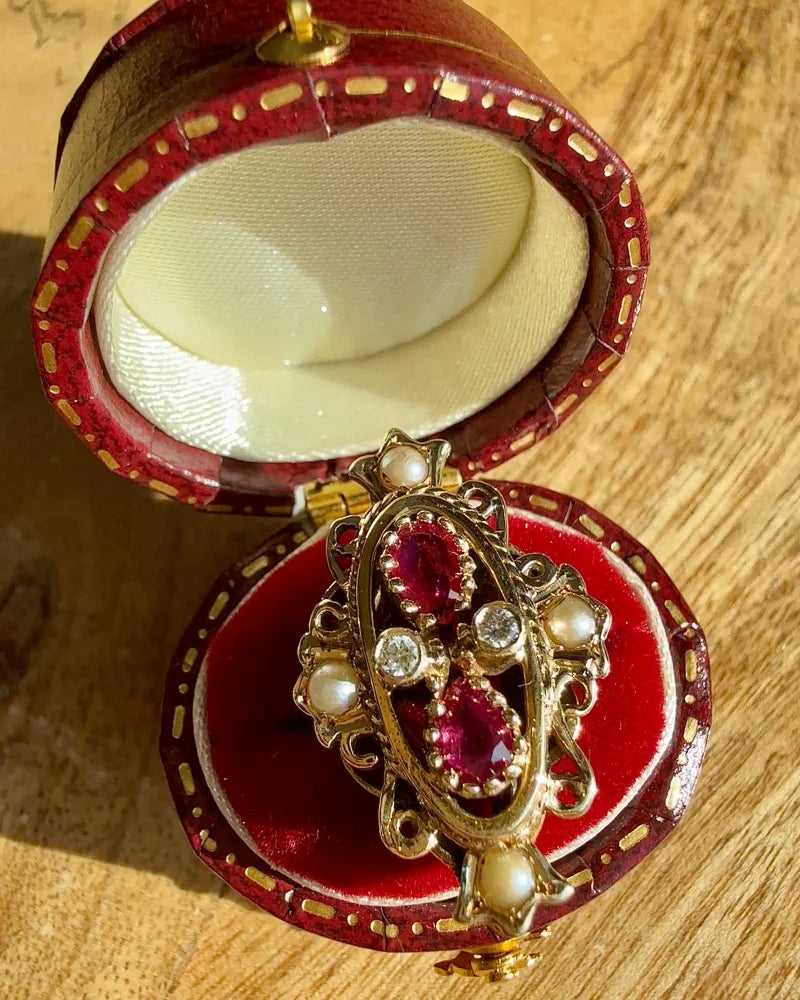 Vintage 14K Victorian Ruby Pearl and Diamond Ring - 14K Solid Gold - Free shipping - 8