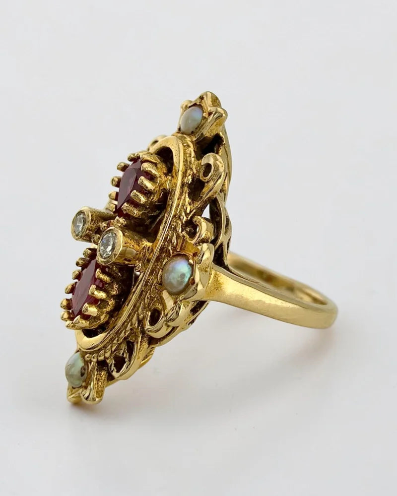 Vintage 14K Victorian Ruby Pearl and Diamond Ring - 14K Solid Gold - Free shipping - 9