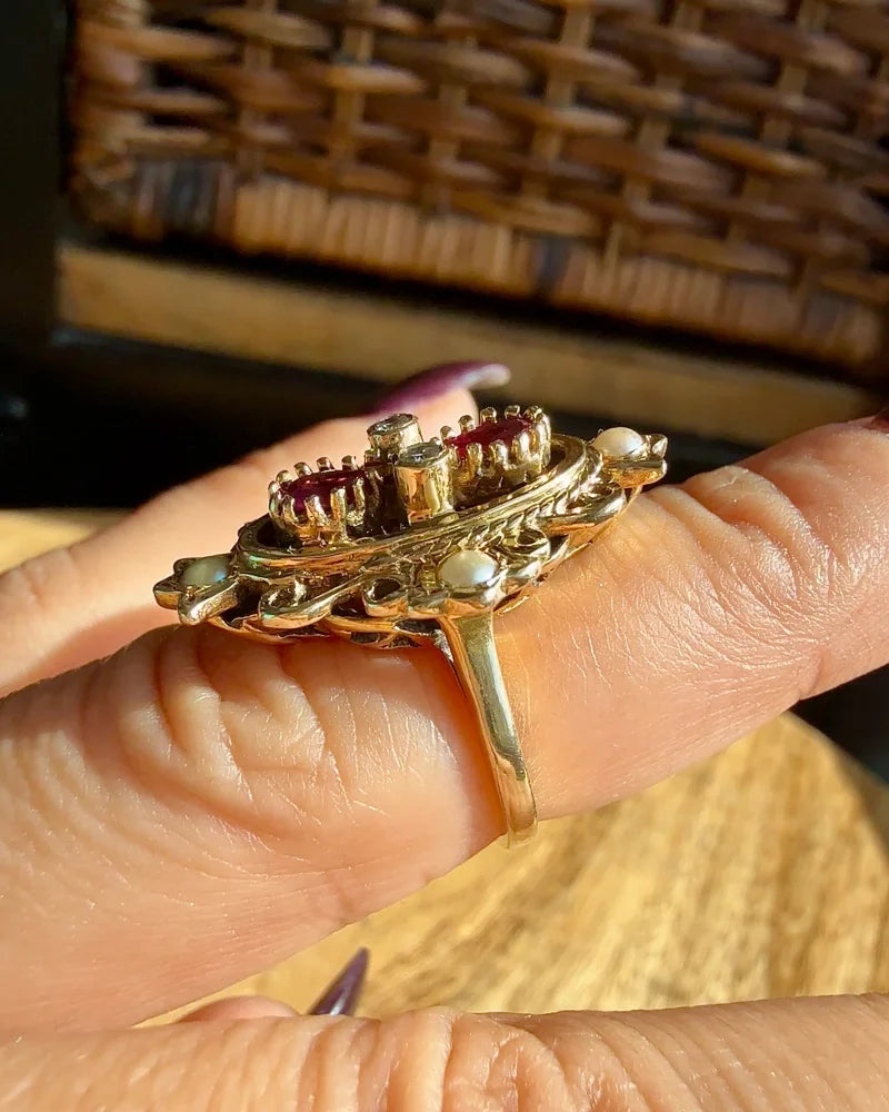 Vintage 14K Victorian Ruby Pearl and Diamond Ring - 14K Solid Gold - Free shipping - 7