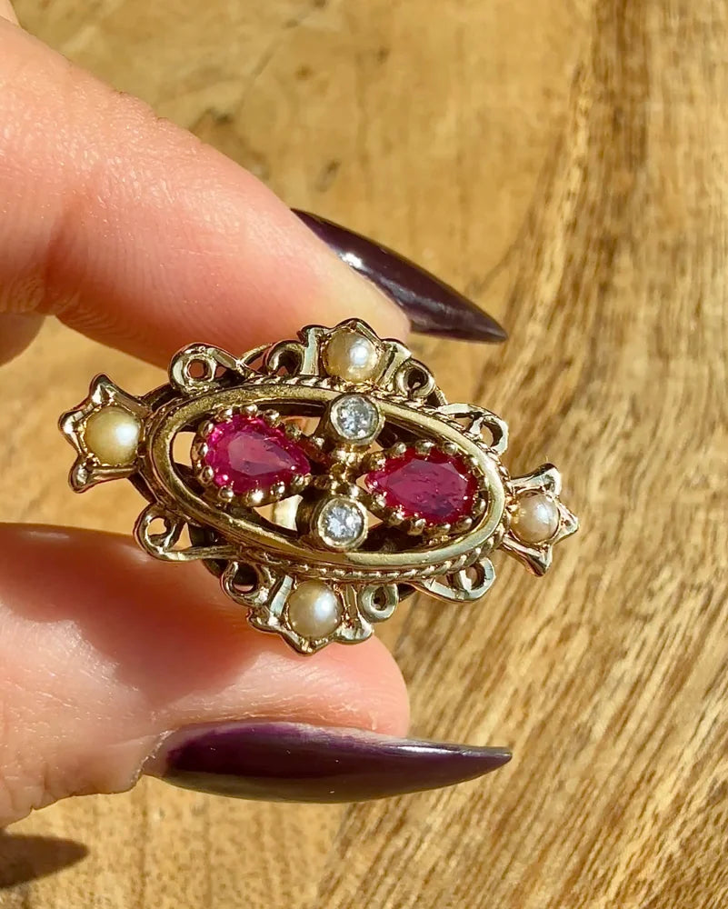 Vintage 14K Victorian Ruby Pearl and Diamond Ring - 14K Solid Gold - Free shipping - 4