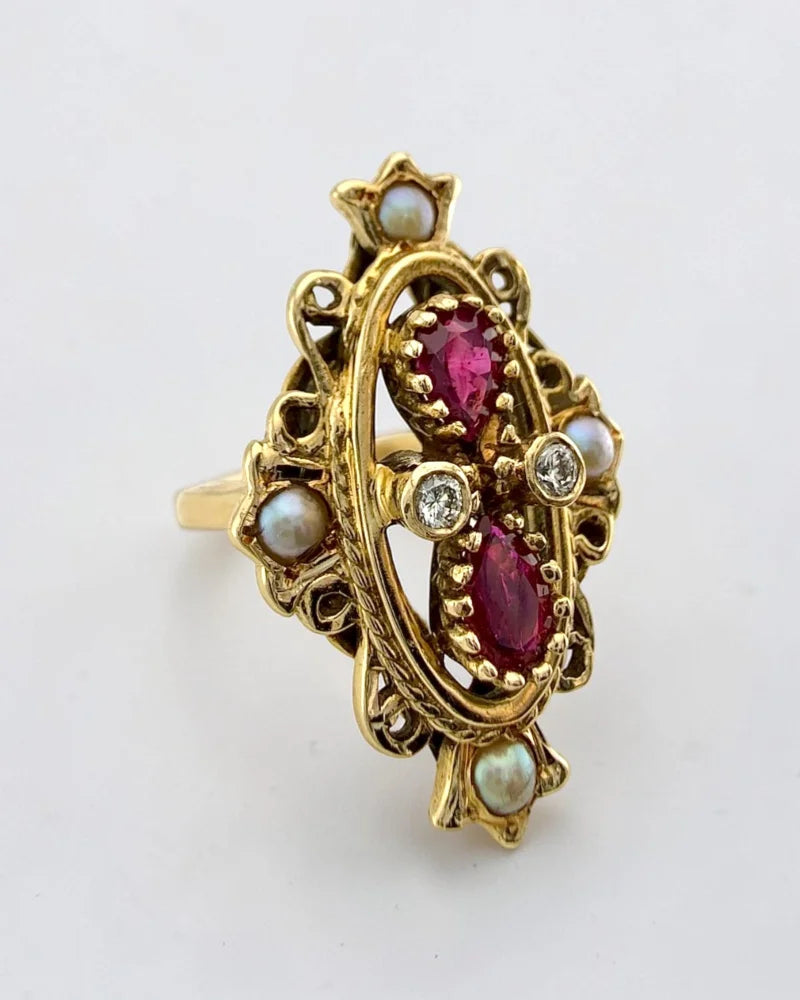 Vintage 14K Victorian Ruby Pearl and Diamond Ring - 14K Solid Gold - Free shipping - 3