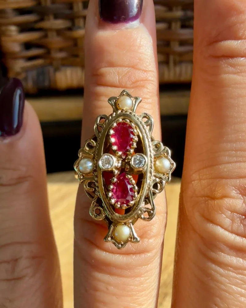 Vintage 14K Victorian Ruby Pearl and Diamond Ring - 14K Solid Gold - Free shipping - 2