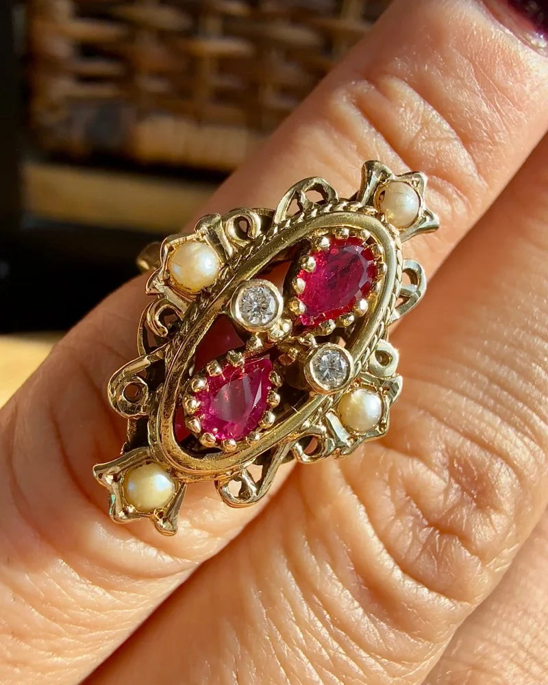 Vintage 14K Victorian Ruby Pearl and Diamond Ring - 14K Solid Gold - Free shipping - 6