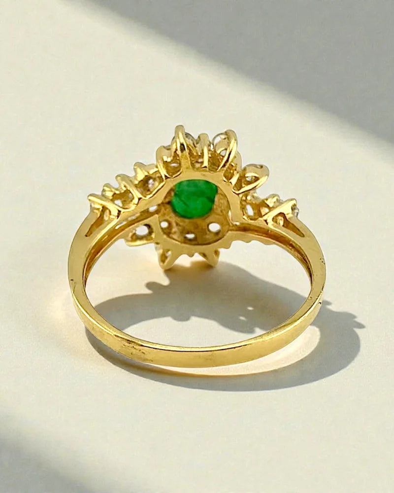 Vintage 14K Yellow Gold Emerald Ring with Colourless Sapphire Halo - 14K Solid Gold - Free shipping - 5
