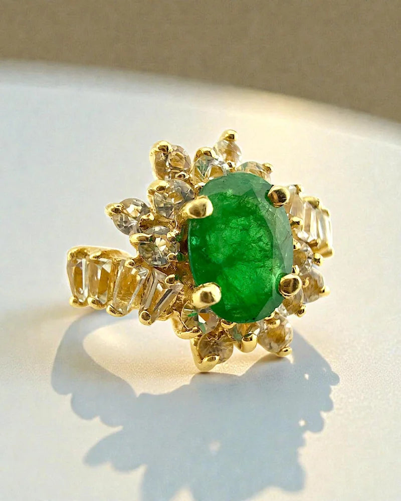 Vintage 14K Yellow Gold Emerald Ring with Colourless Sapphire Halo - 14K Solid Gold - Free shipping - 6