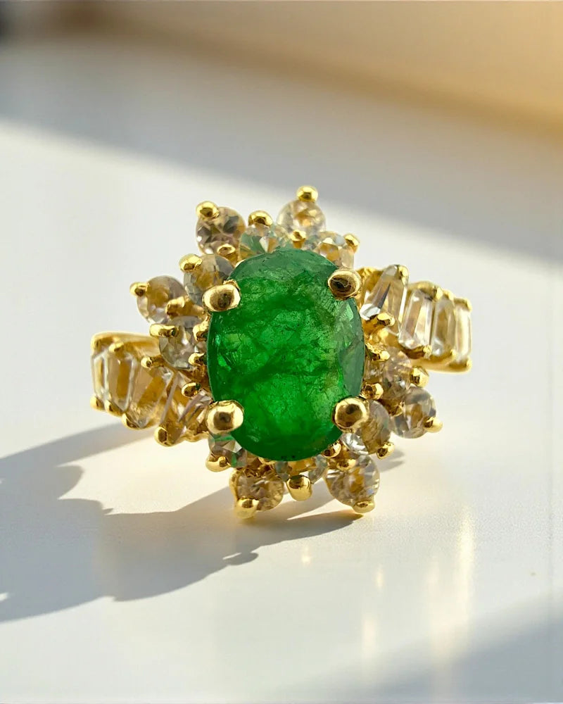 Vintage 14K Yellow Gold Emerald Ring with Colourless Sapphire Halo - 14K Solid Gold - Free shipping - 1