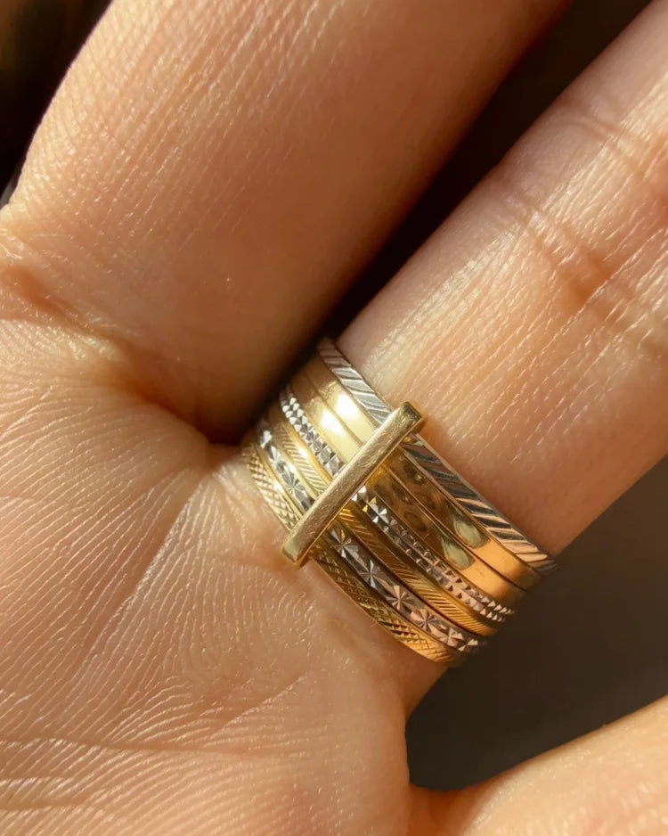 Vintage 14K Yellow and White Gold 7 Band Rolling Stack Ring - 14K Solid Gold - Free shipping - 7