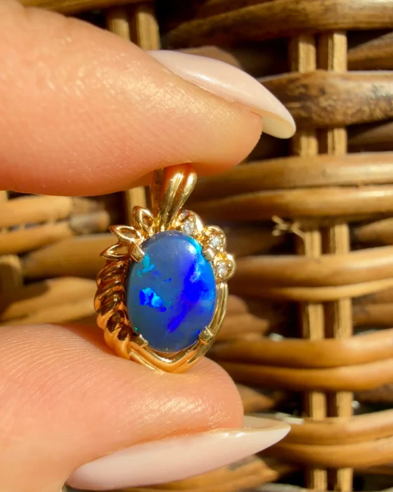 Vintage 18K Gold Black Opal and Diamond Pendant 1.54 ct - 18K solid gold - Free shipping - 4
