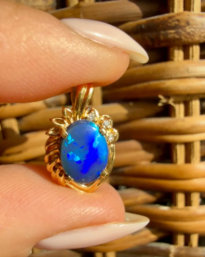 Vintage 18K Gold Black Opal and Diamond Pendant 1.54 ct - 18K solid gold - Free shipping - 3