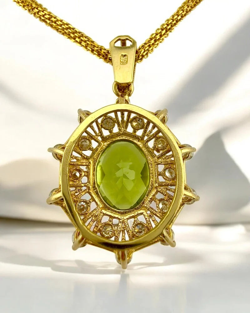 Vintage 1970s 4 ct Peridot & Diamond Sunburst Pendant in 14K Gold - 14K Solid Gold - Free shipping - 4
