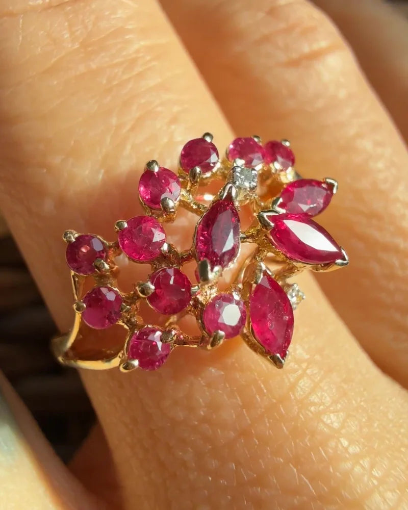 Vintage 1970s Ruby & Diamond Cluster Ring in 14K Gold - 14K Solid Gold - Free shipping - 8