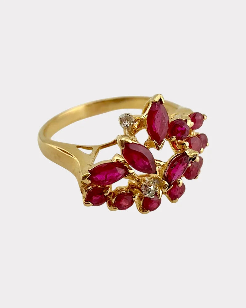 Vintage 1970s Ruby & Diamond Cluster Ring in 14K Gold - 14K Solid Gold - Free shipping - 3