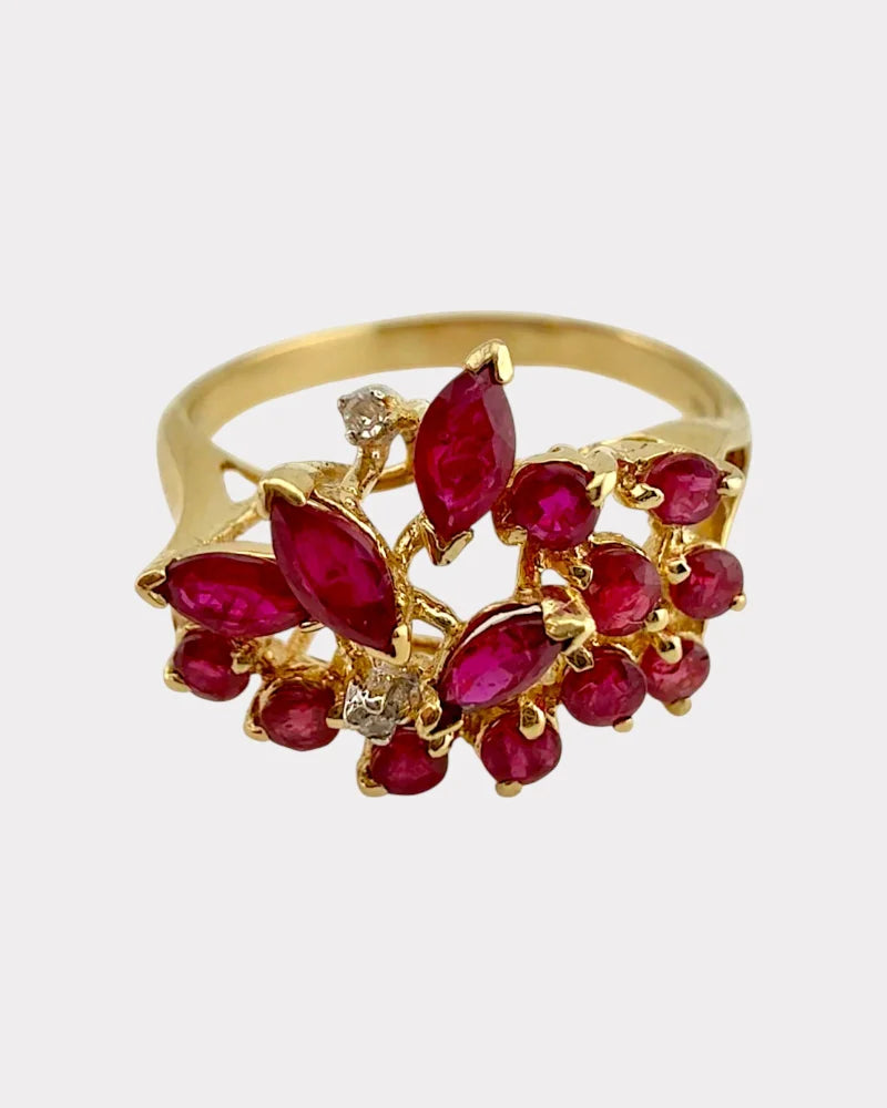 Vintage 1970s Ruby & Diamond Cluster Ring in 14K Gold - 14K Solid Gold - Free shipping - 1