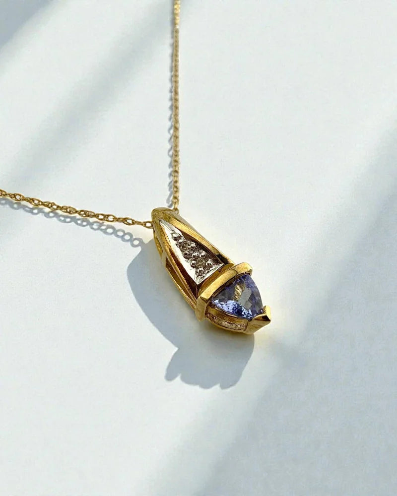 Vintage 1980s Trillion Tanzanite & Diamond Spike Pendant in 10K Gold - 10K Gold - Free shipping - 3