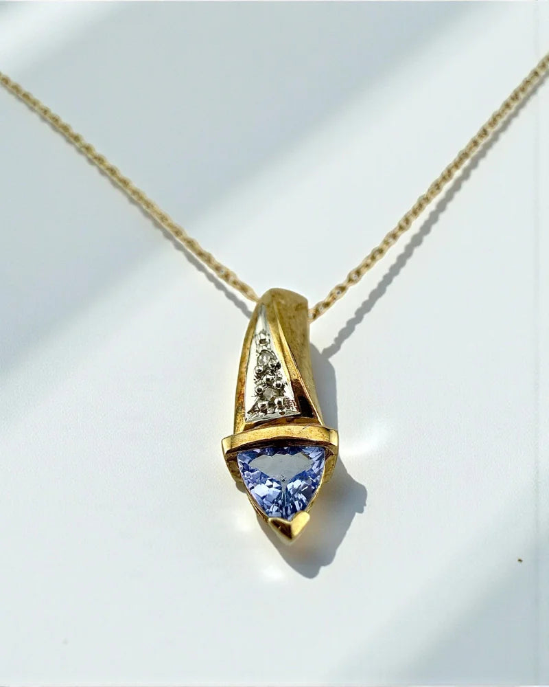 Vintage 1980s Trillion Tanzanite & Diamond Spike Pendant in 10K Gold - 10K Gold - Free shipping - 1